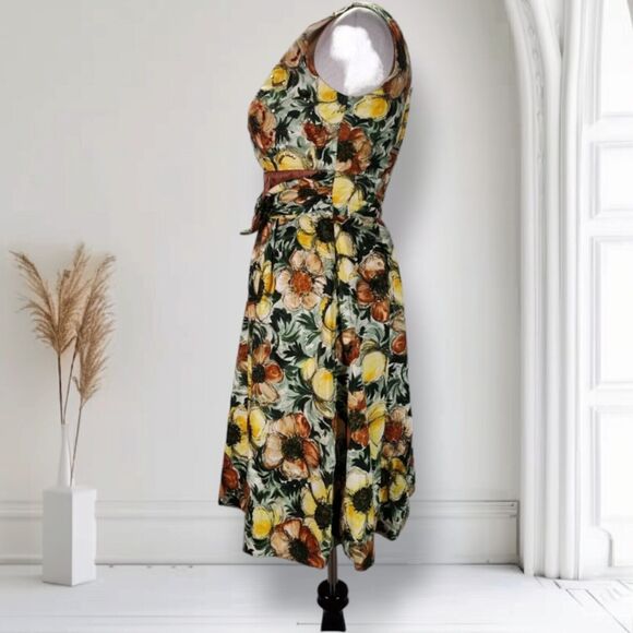 Vintage 50s Boat Neck Fit Flare Dress Size XS Yellow Brown Floral Print Sequin - Picture 5 of 16
